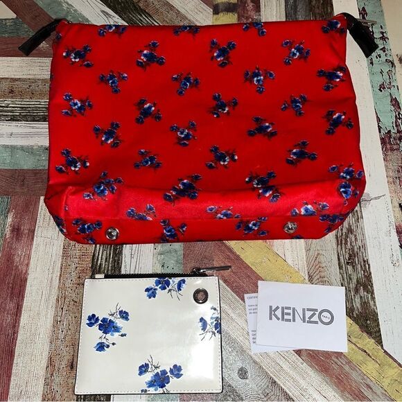 KENZO Paris Floral Leather Handbag Inside Removable Velvet Bag Coin Purse Red - Picture 8 of 12